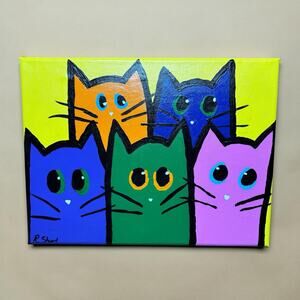 Original Handmade Colorful Acrylic on Canvas Pop Art Cute Cat Painting 12x16”